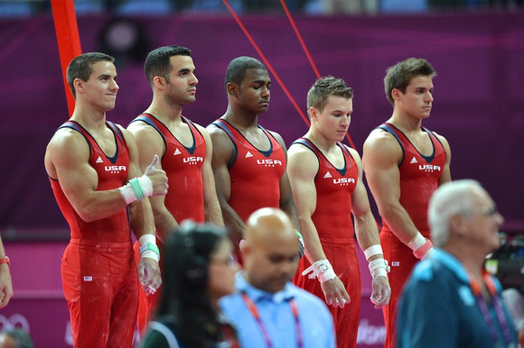 The U.S. men line up before training on still rings